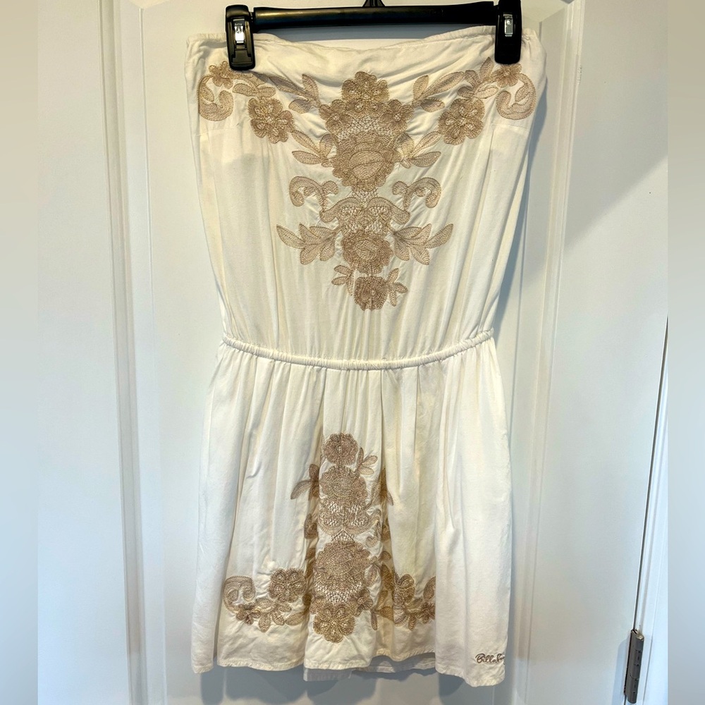 Billabong White Strapless Dress with Tan Floral Embroidery